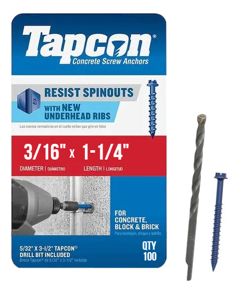 Tapcon 3/16' x 1-1/4' Hex Head Betonankerschrauben 3139407 | 100 Pack | Bohrer inklusive
