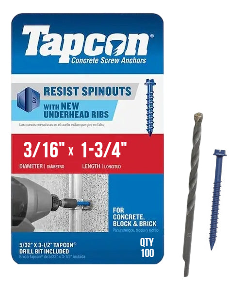 Tapcon 3/16' x 1-3/4' Hex Head Betonankerschrauben 3141407 | 100 Pack | Bohrer inklusive