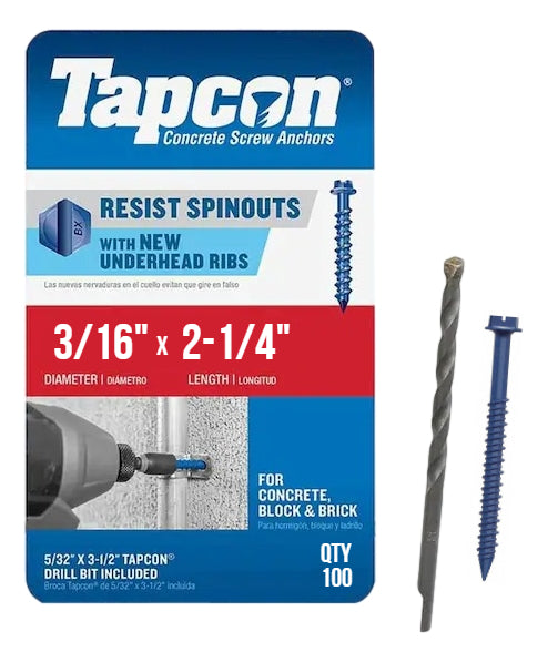 Tapcon 3/16' x 2-1/4' Hex Head Betonankerschrauben 3143407 | 100 Pack | Bohrer inklusive