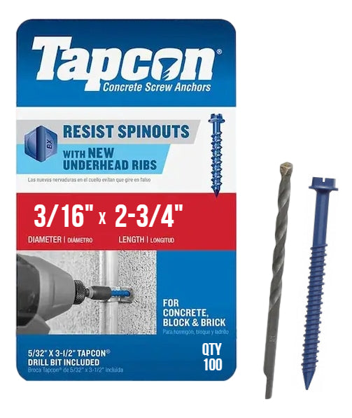 Tapcon 3/16' x 2-3/4' Hex Head Betonankerschrauben 3145407 | 100 Pack | Bohrer inklusive