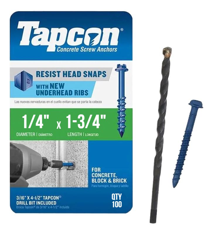 Tapcon 1/4' x 1-3/4' Hex Head Concrete Anchor Schrauben 3155407 | 100 Pack | Bohrer inklusive