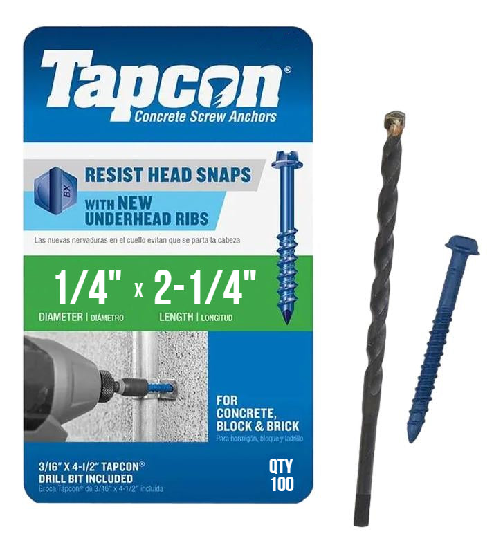 Tapcon 1/4' x 2-1/4' Hex Head Betonankerschrauben 3157407 | 100 Pack | Bohrer inklusive