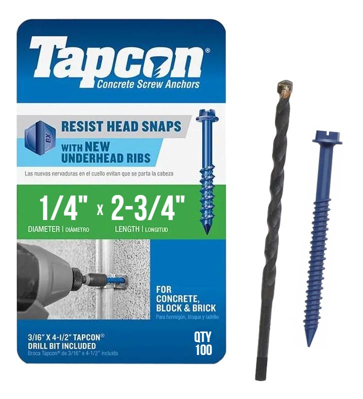 Tapcon 1/4' x 2-3/4' Hex Head Betonankerschrauben 3159407 | 100 Pack | Bohrer inklusive