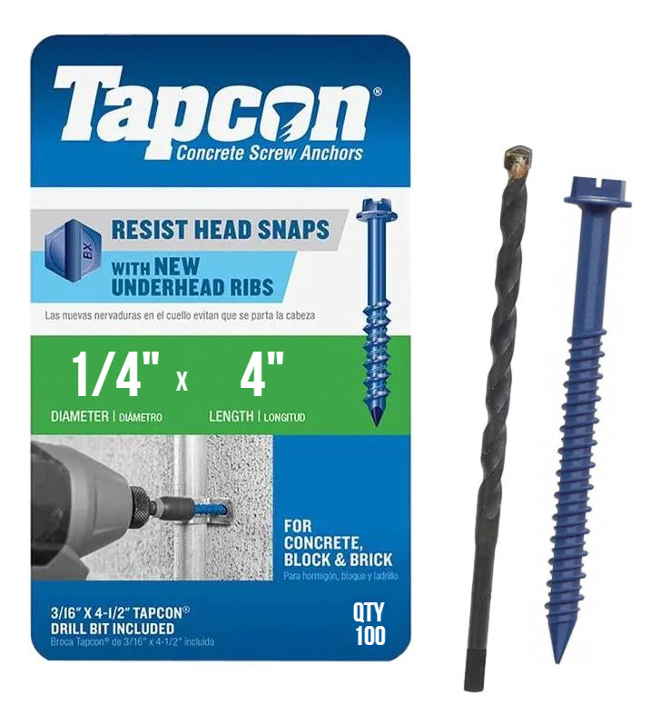 Tapcon 1/4' x 4' Hex Head Betonankerschrauben 3165407 | 100 Pack | Bohrer inklusive