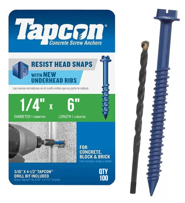 Tapcon 1/4' x 6' Hex Head Betonankerschrauben 3205407 | 100 Pack | Bohrer inklusive