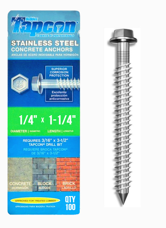 Tapcon 1/4' x 1-1/4' Edelstahl Hex Kopf Betonankerschrauben 3367907 | 100 Pack | Bohrer inbegriffen