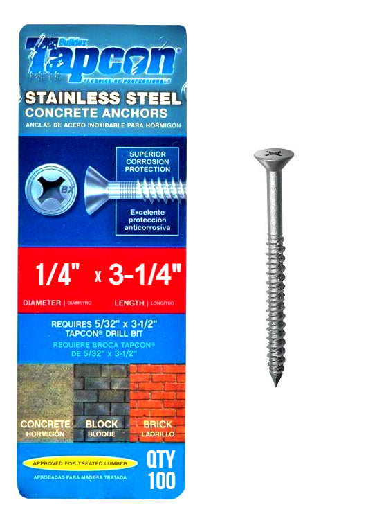 Tapcon 1/4' x 3-1/4' Edelstahl Phillips Flachkopf Betonankerschrauben 3377907 | 100 Pack | Bohrer inbegriffen