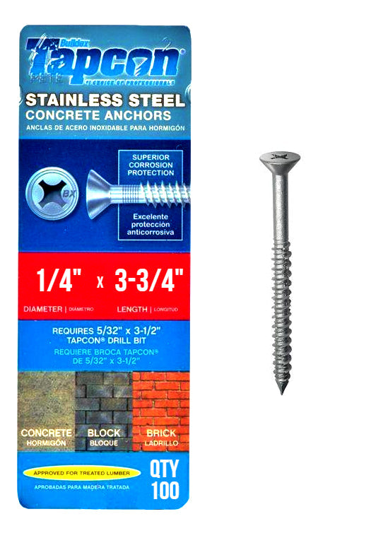 Tapcon 1/4' x 3-3/4' Edelstahl Phillips Flachkopf Betonankerschrauben 3378907 | 100 Pack | Bohrer inbegriffen
