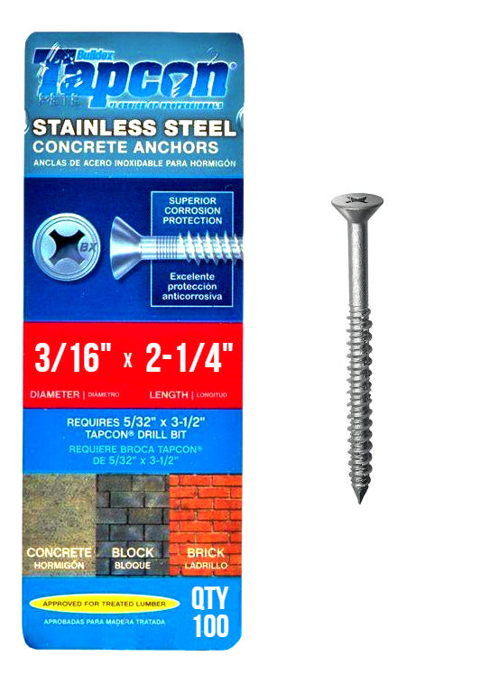 Tapcon 3/16' x 2-1/4' Stainless Steel Phillips Flat Head Betonankerschrauben 3419907 | 100 Pack | Bohrer inklusive