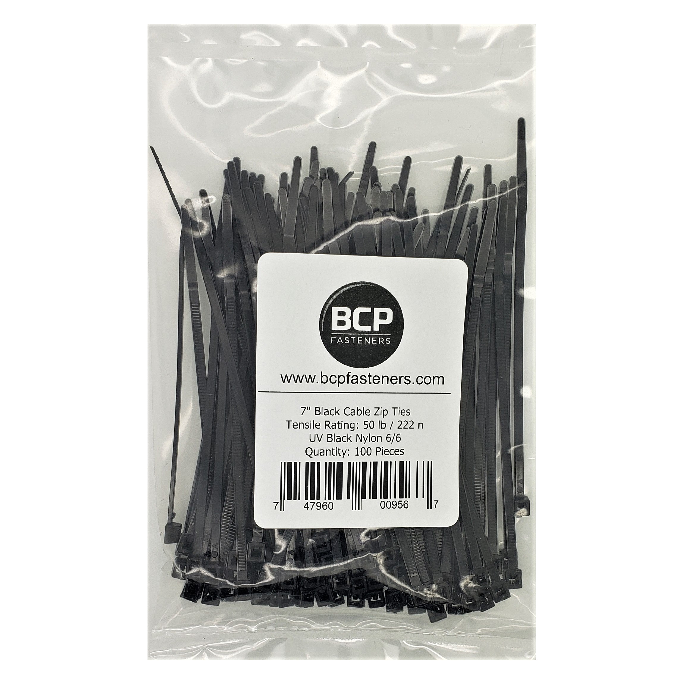 17,8 cm Black Nylon 22,68 kg Cable Zip Ties | Made In USA, 100 Stk. BCP896