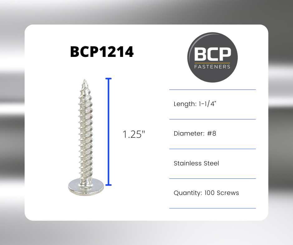 #8 x 1-1/4' 304 Stainless Steel Phillips Modified Truss Head Wood Screws, 50 Stk. | (BCP1215)