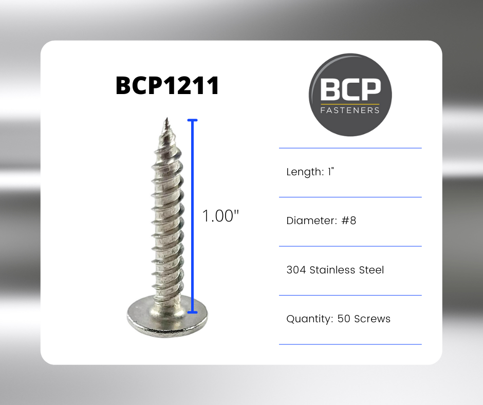 #8 x 1' 304 Stainless Steel Phillips Modified Truss Head Wood Screws, 50 Stk. | (BCP1211)