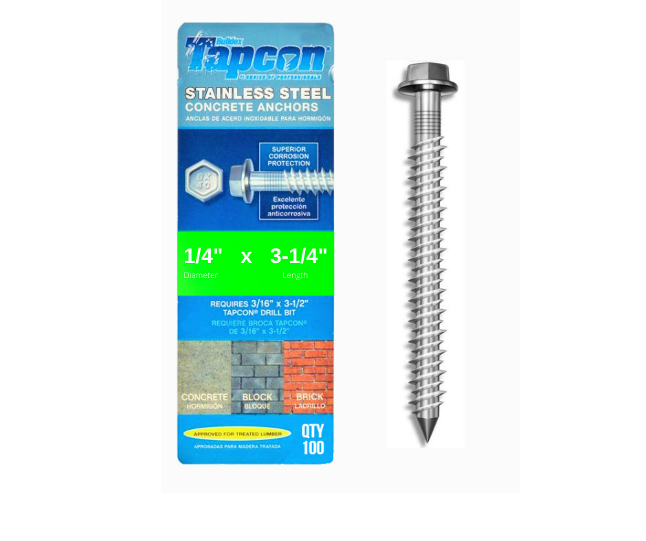Tapcon 1/4' x 3-1/4' Edelstahl Hex Kopf Betonankerschrauben 3371907 | 100 Pack | Bohrer inbegriffen