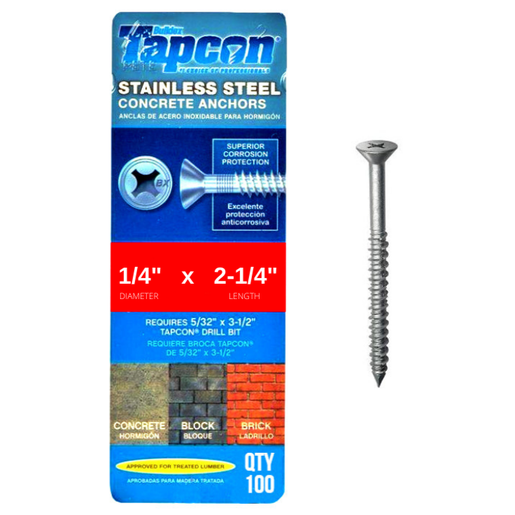 Tapcon 1/4' x 2-1/4' Edelstahl Phillips Flachkopf Betonankerschrauben 3375907 | 100 Pack | Bohrer inbegriffen