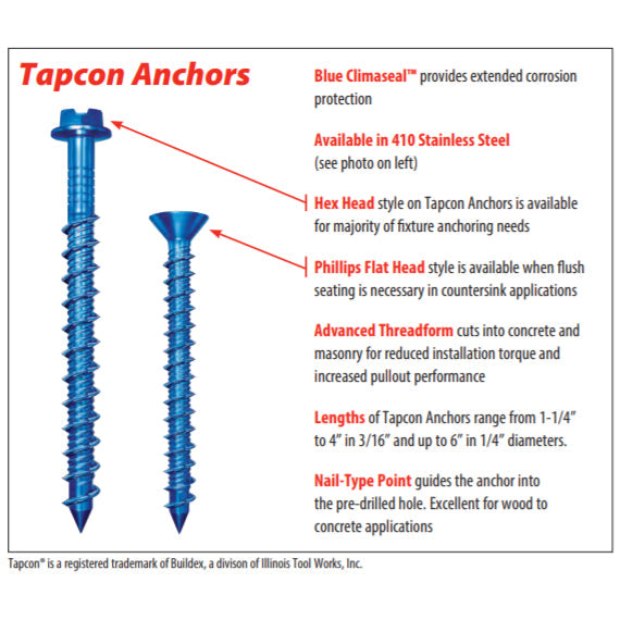 Tapcon 3/16' x 2-3/4' Hex Head Betonankerschrauben 3145407 | 100 Pack | Bohrer inklusive