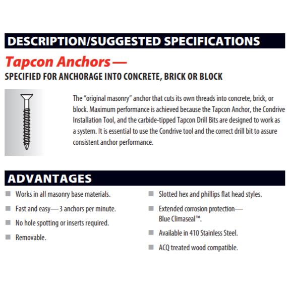 Tapcon 1/4' x 5' Star Torx Head Betonankerschrauben 3197407V2 | 100 Pack | Bohrer inklusive