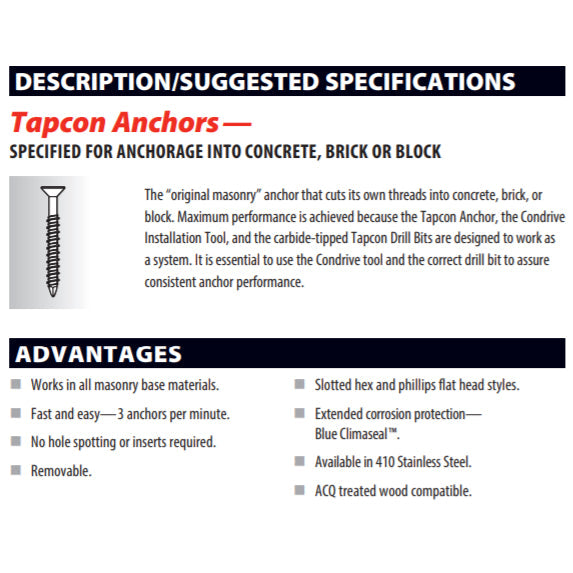 Tapcon 1/4' x 3-1/4' Hex Head Betonankerschrauben 3161407 | 100 Pack | Bohrer inklusive